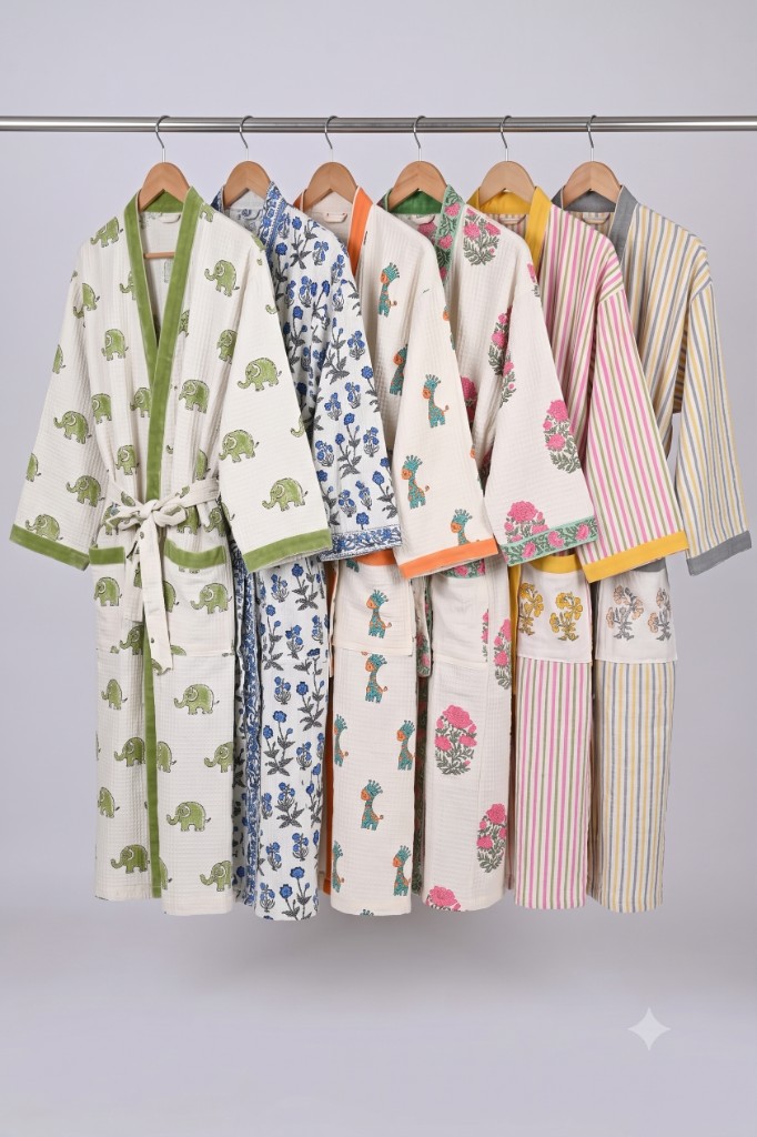 Rose & Rang women's bathrobes — animal, floral, and stripe designs on a rack
